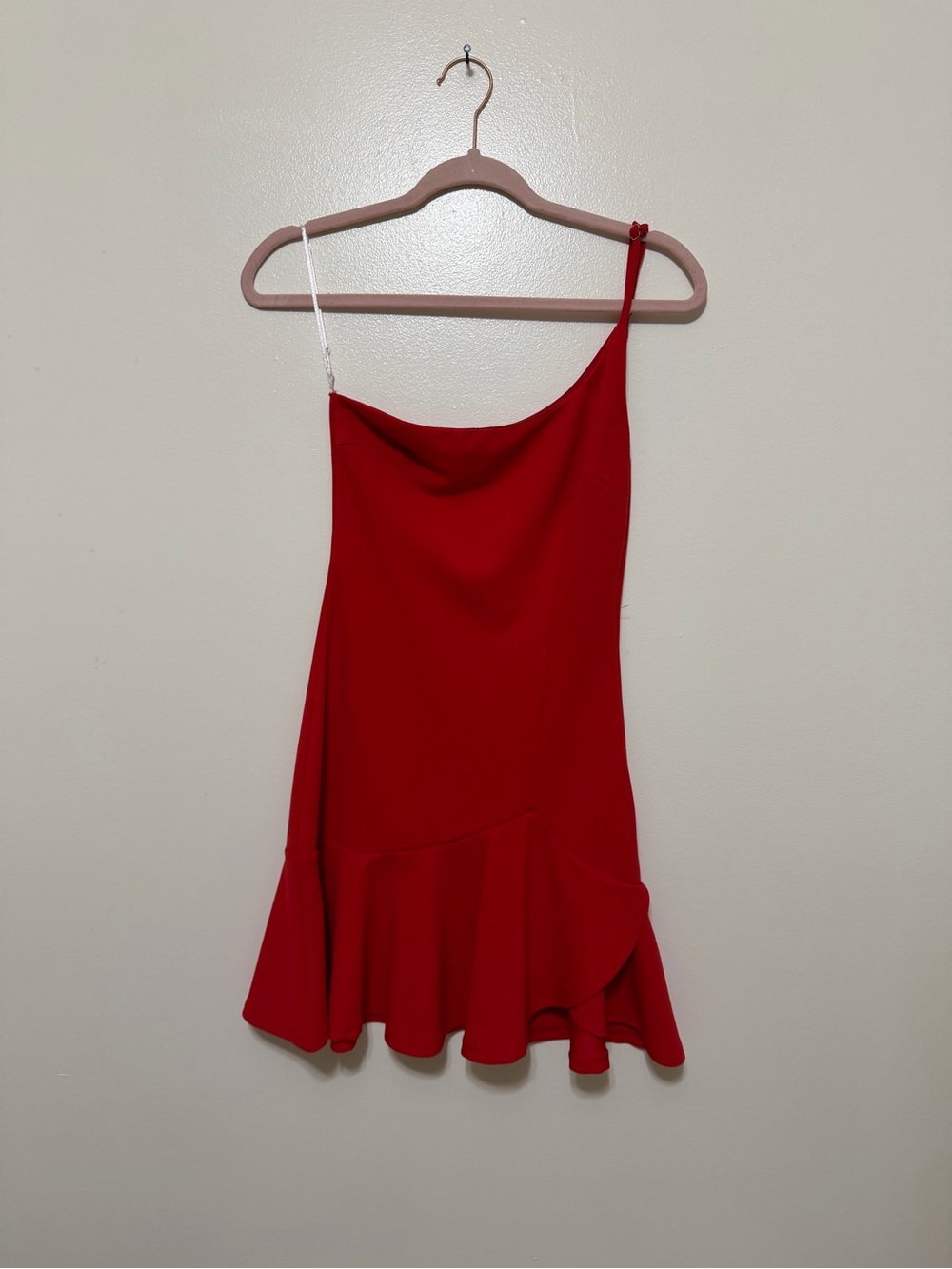 Hello Molly One-Shoulder Red Ruffle Hem Mini Dress